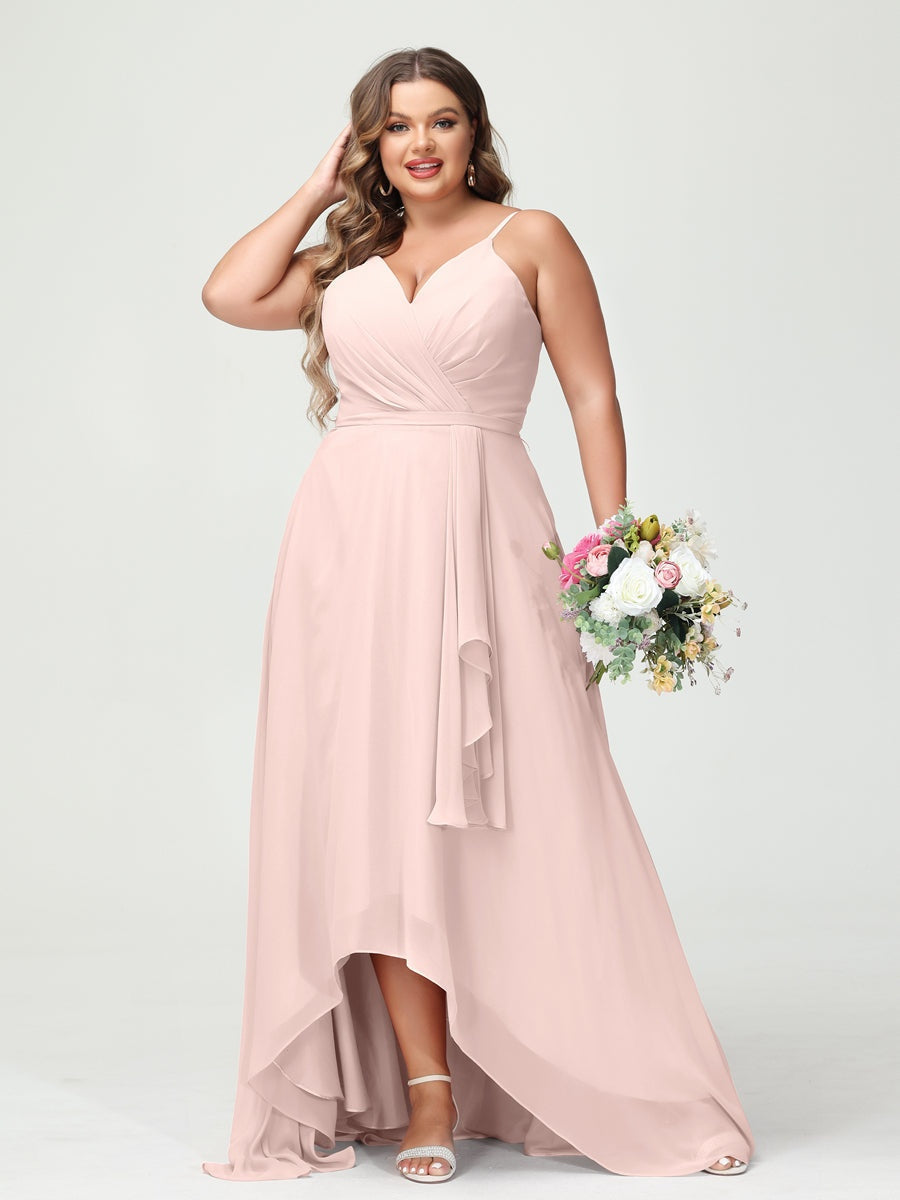 Plus Size Asymmetrical A-Line Bridesmaid Dress with Chiffon Ruffles and Spaghetti Straps, Featuring Pockets-BMbridal.UK