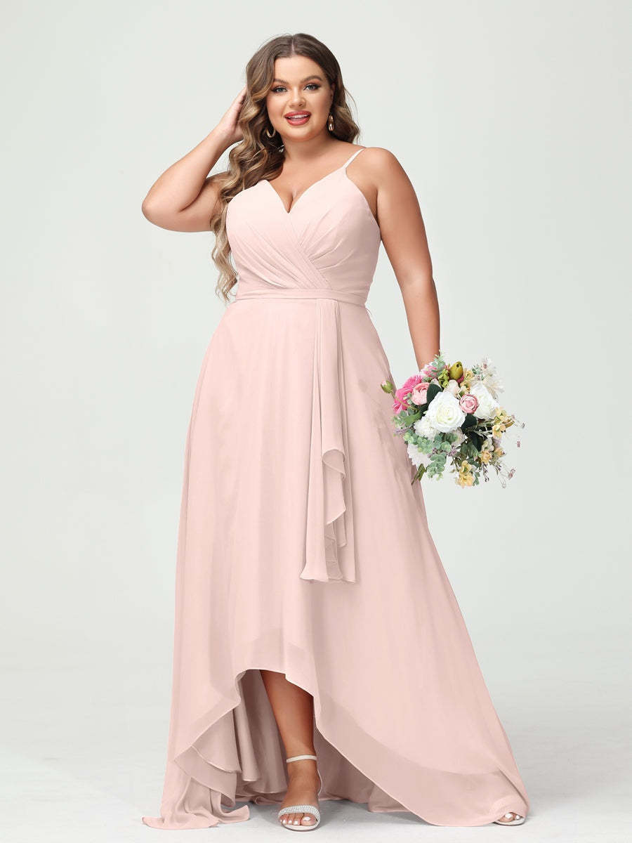 Plus Size Asymmetrical A-Line Bridesmaid Dress with Chiffon Ruffles and Spaghetti Straps, Featuring Pockets-BMbridal.UK