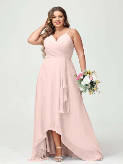 Plus Size Asymmetrical A-Line Bridesmaid Dress with Chiffon Ruffles and Spaghetti Straps, Featuring Pockets-BMbridal.UK