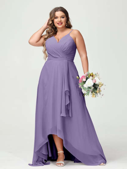 Plus Size Asymmetrical A-Line Bridesmaid Dress with Chiffon Ruffles and Spaghetti Straps, Featuring Pockets-BMbridal.UK