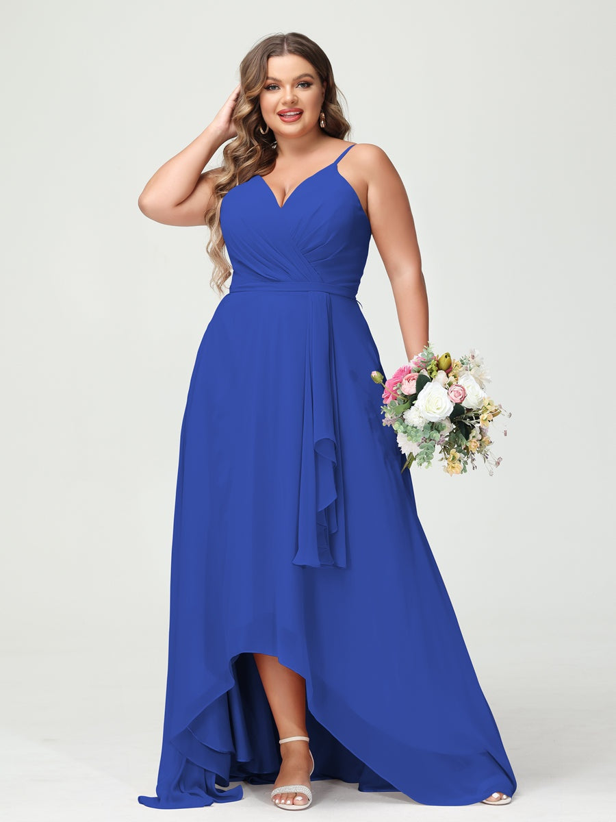 Plus Size Asymmetrical A-Line Bridesmaid Dress with Chiffon Ruffles and Spaghetti Straps, Featuring Pockets-BMbridal.UK