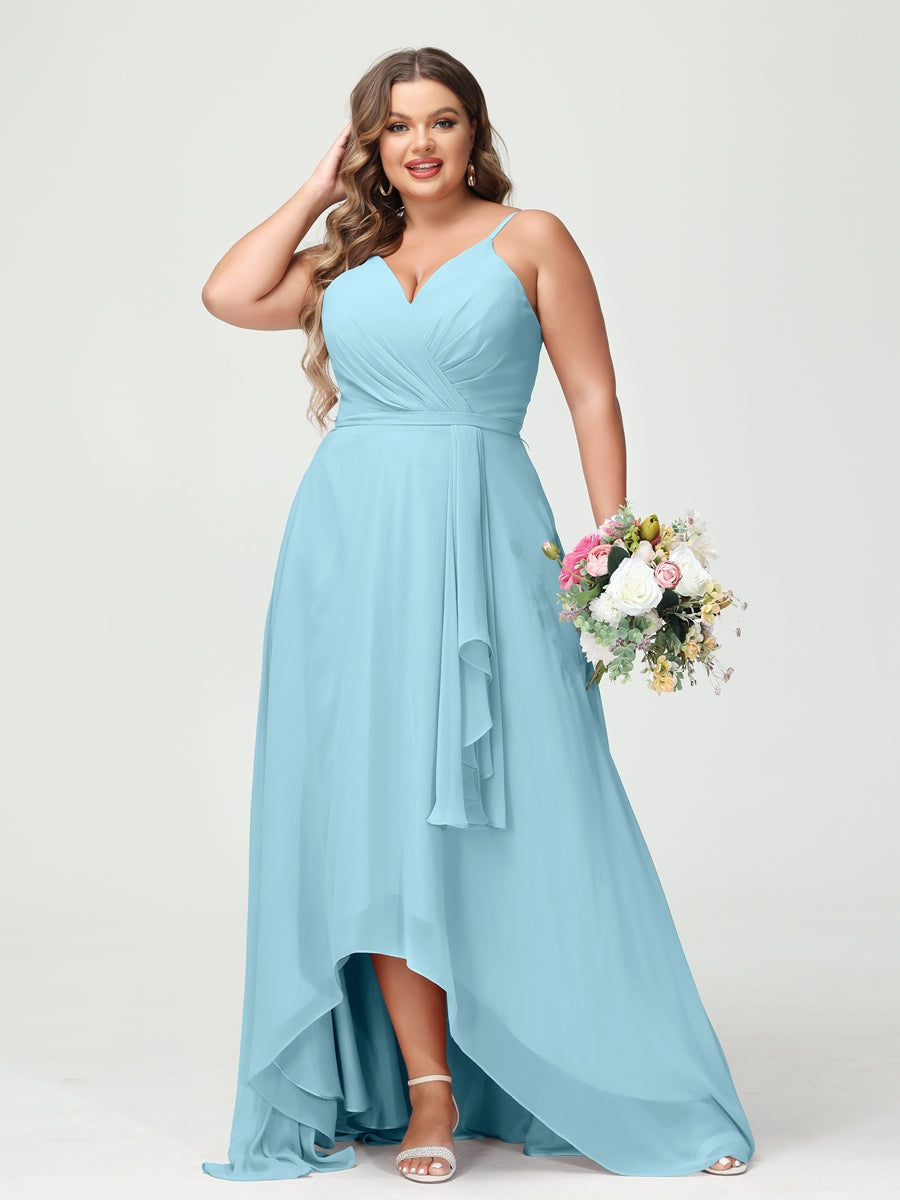 Plus Size Asymmetrical A-Line Bridesmaid Dress with Chiffon Ruffles and Spaghetti Straps, Featuring Pockets-BMbridal.UK