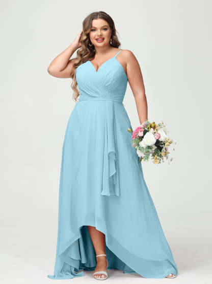 Plus Size Asymmetrical A-Line Bridesmaid Dress with Chiffon Ruffles and Spaghetti Straps, Featuring Pockets-BMbridal.UK