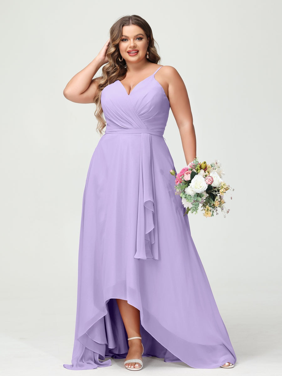 Plus Size Asymmetrical A-Line Bridesmaid Dress with Chiffon Ruffles and Spaghetti Straps, Featuring Pockets-BMbridal.UK