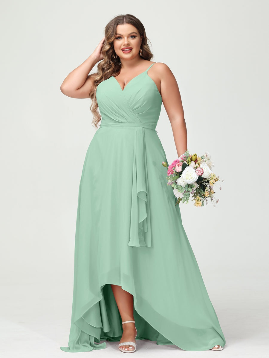 Plus Size Asymmetrical A-Line Bridesmaid Dress with Chiffon Ruffles and Spaghetti Straps, Featuring Pockets-BMbridal.UK