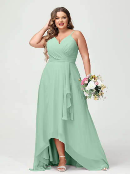Plus Size Asymmetrical A-Line Bridesmaid Dress with Chiffon Ruffles and Spaghetti Straps, Featuring Pockets-BMbridal.UK