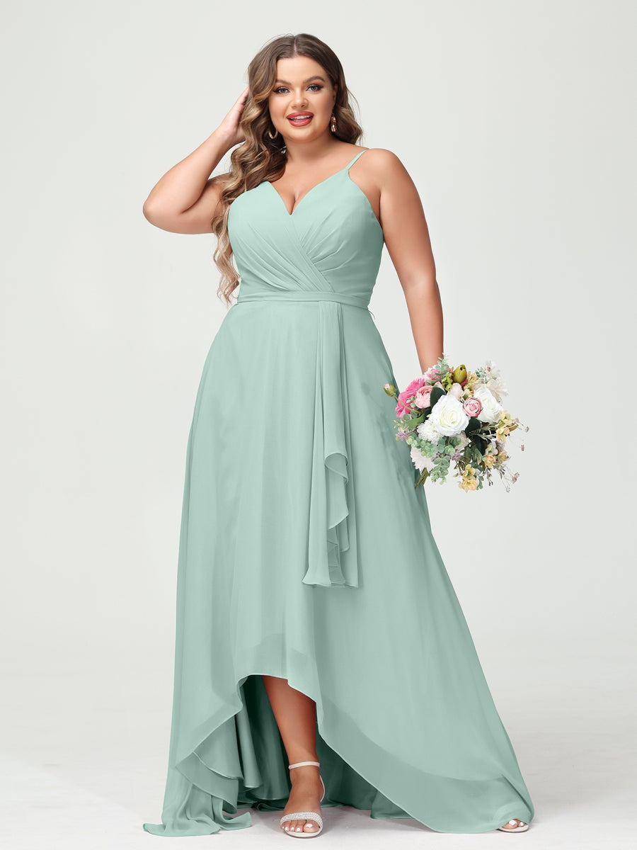 Plus Size Asymmetrical A-Line Bridesmaid Dress with Chiffon Ruffles and Spaghetti Straps, Featuring Pockets-BMbridal.UK