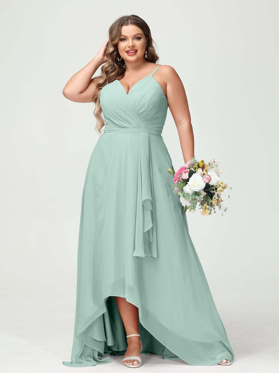 Plus Size Asymmetrical A-Line Bridesmaid Dress with Chiffon Ruffles and Spaghetti Straps, Featuring Pockets-BMbridal.UK