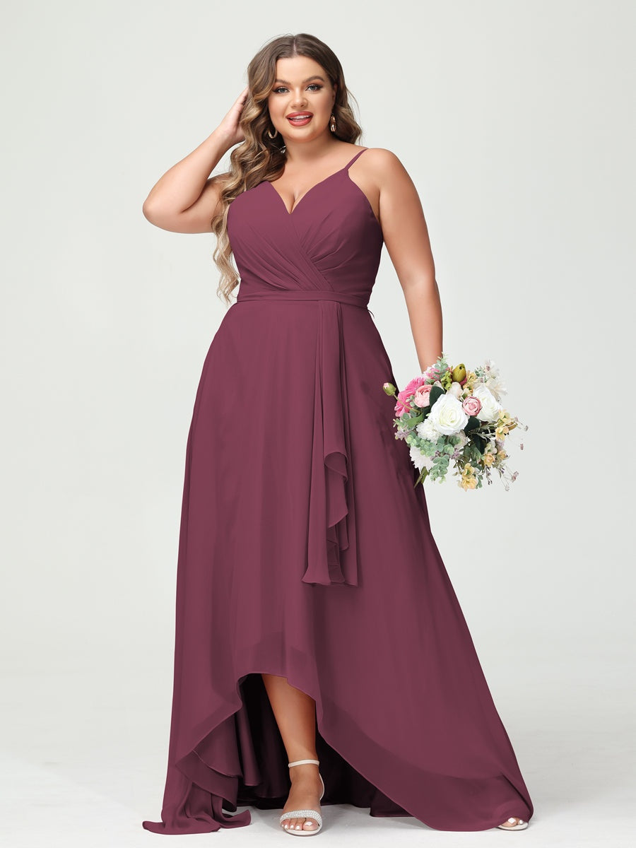 Plus Size Asymmetrical A-Line Bridesmaid Dress with Chiffon Ruffles and Spaghetti Straps, Featuring Pockets-BMbridal.UK