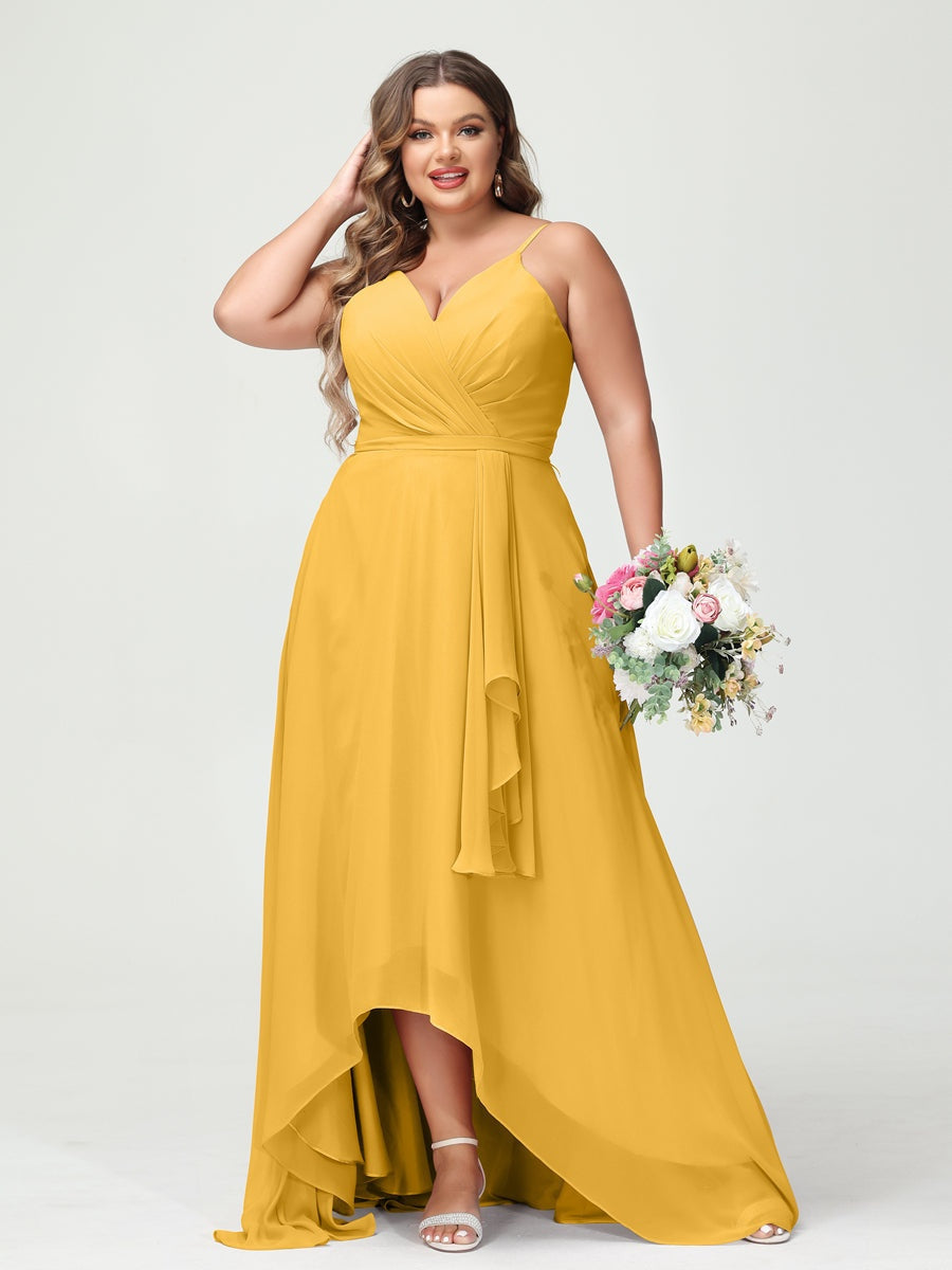 Plus Size Asymmetrical A-Line Bridesmaid Dress with Chiffon Ruffles and Spaghetti Straps, Featuring Pockets-BMbridal.UK