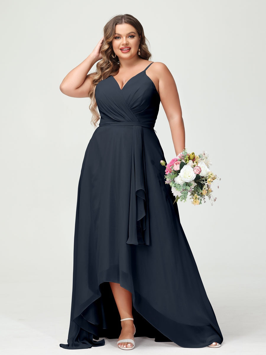 Plus Size Asymmetrical A-Line Bridesmaid Dress with Chiffon Ruffles and Spaghetti Straps, Featuring Pockets-BMbridal.UK