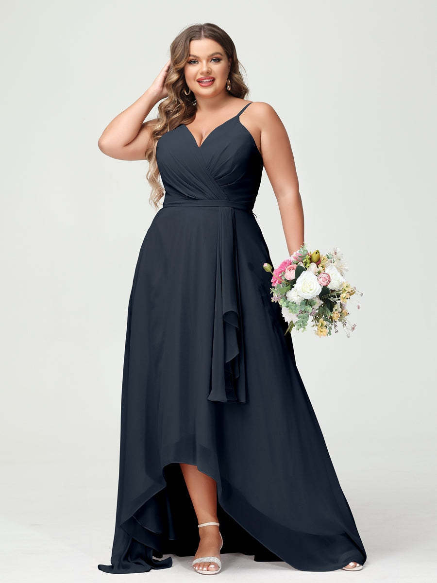 Plus Size Asymmetrical A-Line Bridesmaid Dress with Chiffon Ruffles and Spaghetti Straps, Featuring Pockets-BMbridal.UK