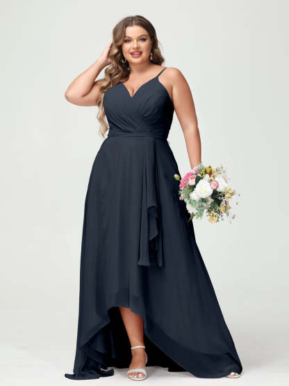 Plus Size Asymmetrical A-Line Bridesmaid Dress with Chiffon Ruffles and Spaghetti Straps, Featuring Pockets-BMbridal.UK