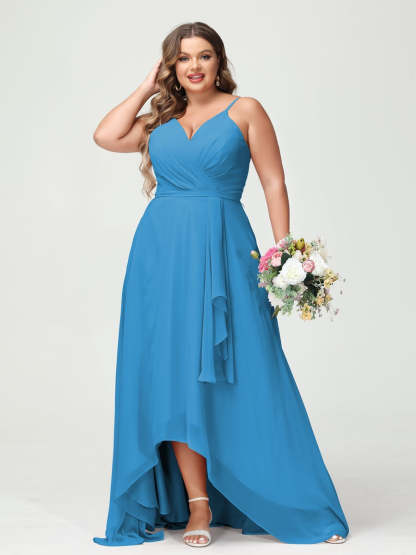 Plus Size Asymmetrical A-Line Bridesmaid Dress with Chiffon Ruffles and Spaghetti Straps, Featuring Pockets-BMbridal.UK