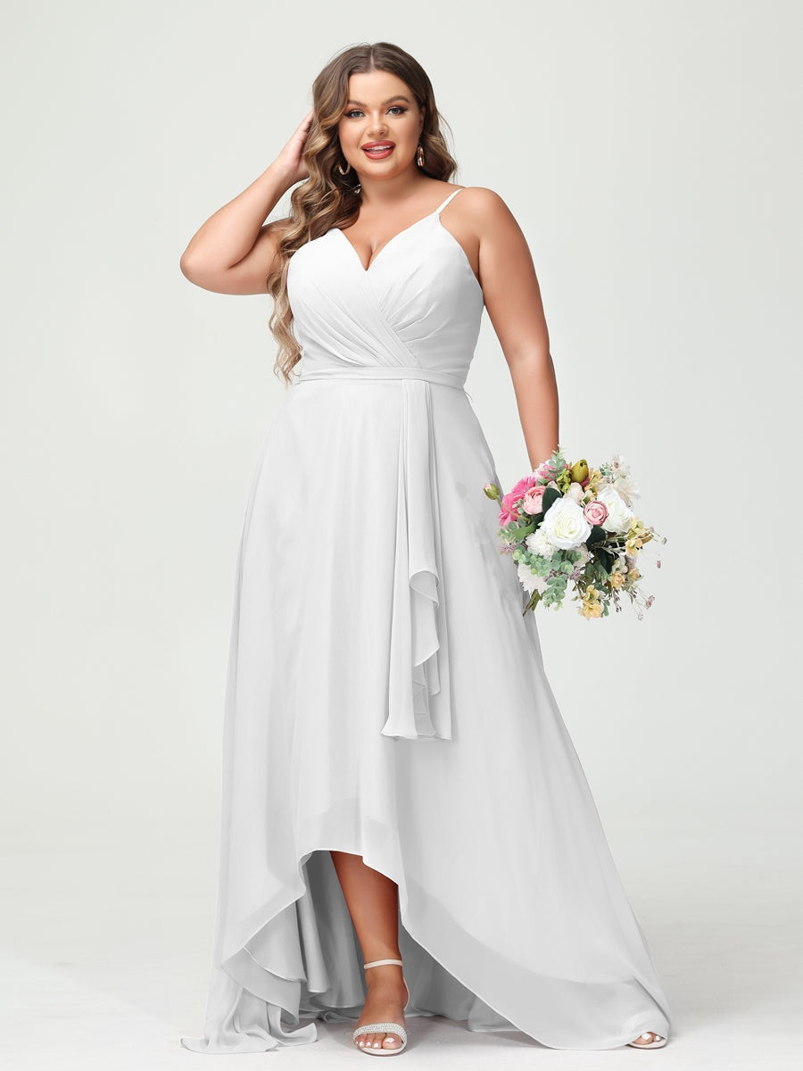 Plus Size Asymmetrical A-Line Bridesmaid Dress with Chiffon Ruffles and Spaghetti Straps, Featuring Pockets-BMbridal.UK