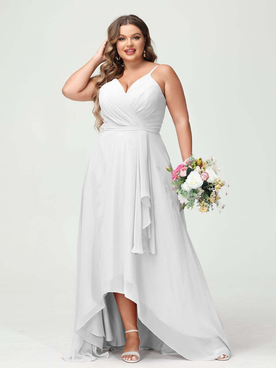 Plus Size Asymmetrical A-Line Bridesmaid Dress with Chiffon Ruffles and Spaghetti Straps, Featuring Pockets-BMbridal.UK