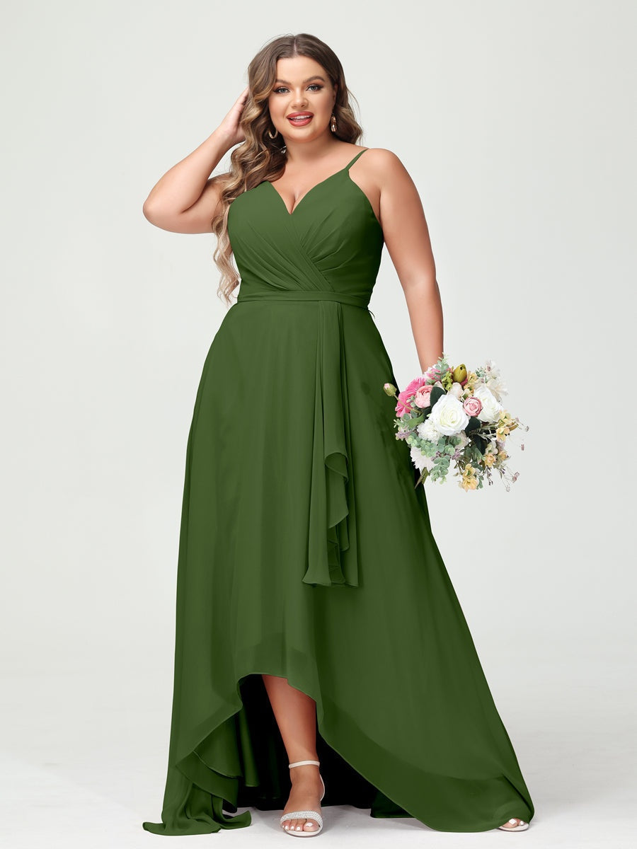Plus Size Asymmetrical A-Line Bridesmaid Dress with Chiffon Ruffles and Spaghetti Straps, Featuring Pockets-BMbridal.UK