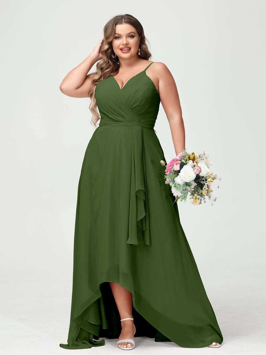 Plus Size Asymmetrical A-Line Bridesmaid Dress with Chiffon Ruffles and Spaghetti Straps, Featuring Pockets-BMbridal.UK