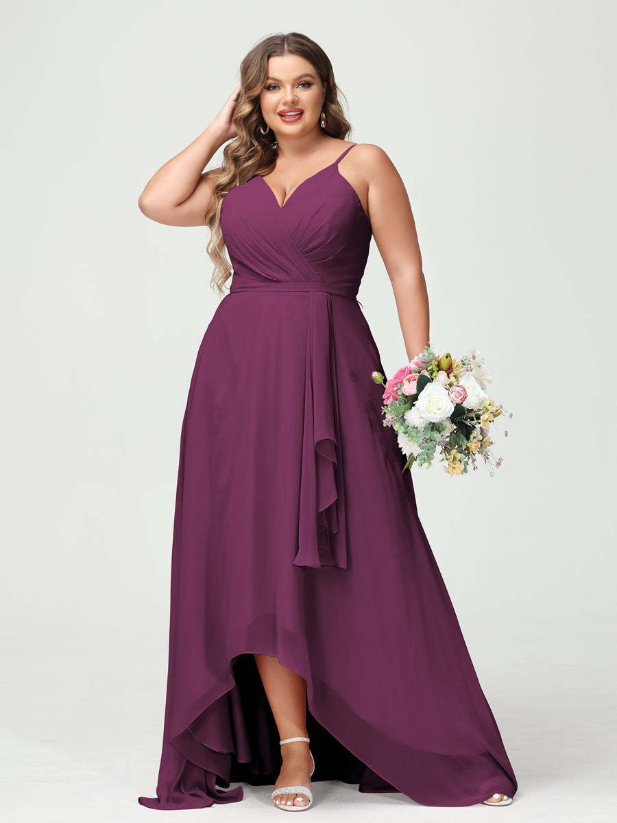 Plus Size Asymmetrical A-Line Bridesmaid Dress with Chiffon Ruffles and Spaghetti Straps, Featuring Pockets-BMbridal.UK