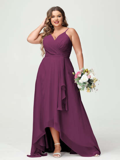 Plus Size Asymmetrical A-Line Bridesmaid Dress with Chiffon Ruffles and Spaghetti Straps, Featuring Pockets-BMbridal.UK