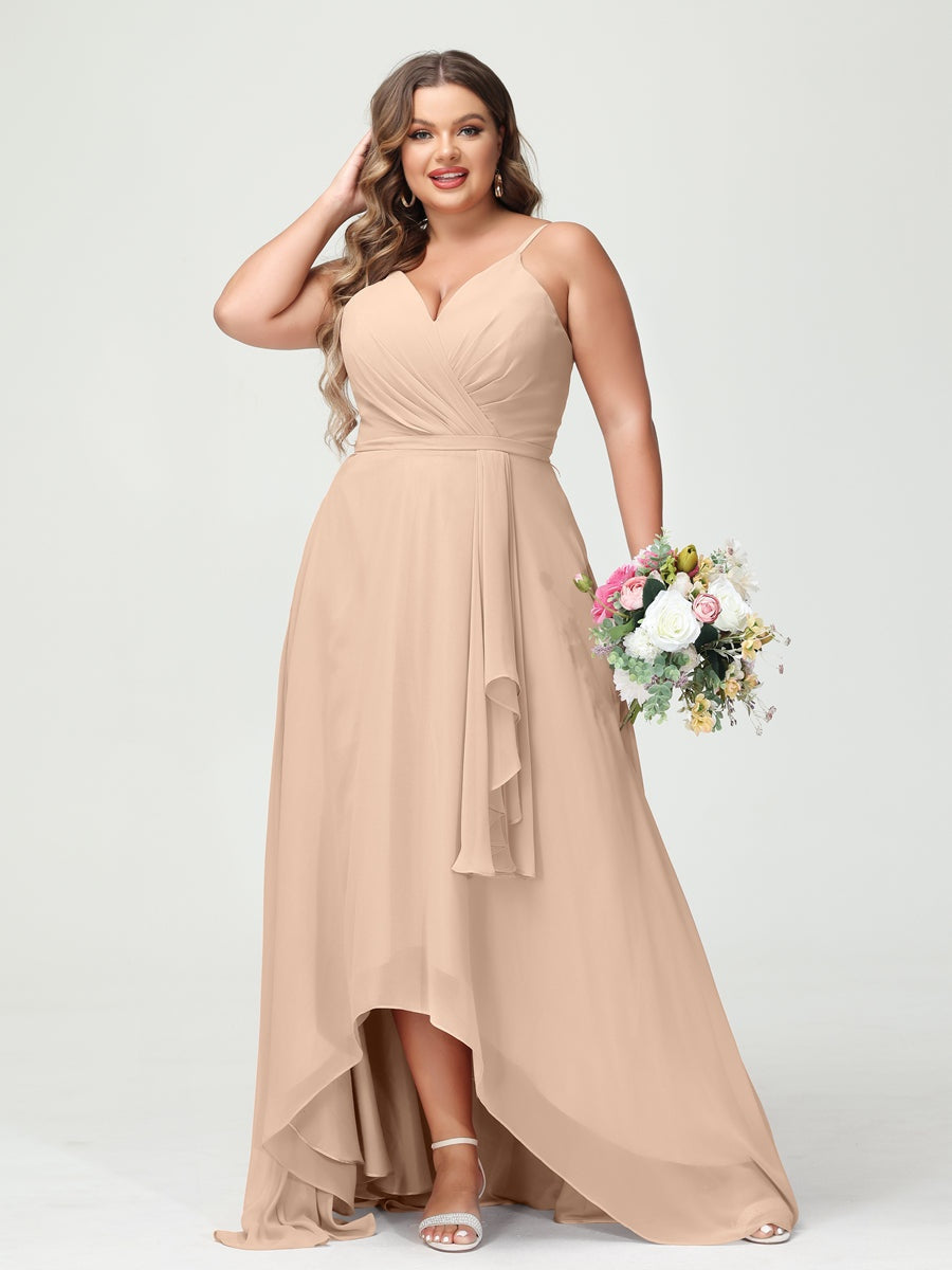 Plus Size Asymmetrical A-Line Bridesmaid Dress with Chiffon Ruffles and Spaghetti Straps, Featuring Pockets-BMbridal.UK