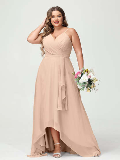Plus Size Asymmetrical A-Line Bridesmaid Dress with Chiffon Ruffles and Spaghetti Straps, Featuring Pockets-BMbridal.UK