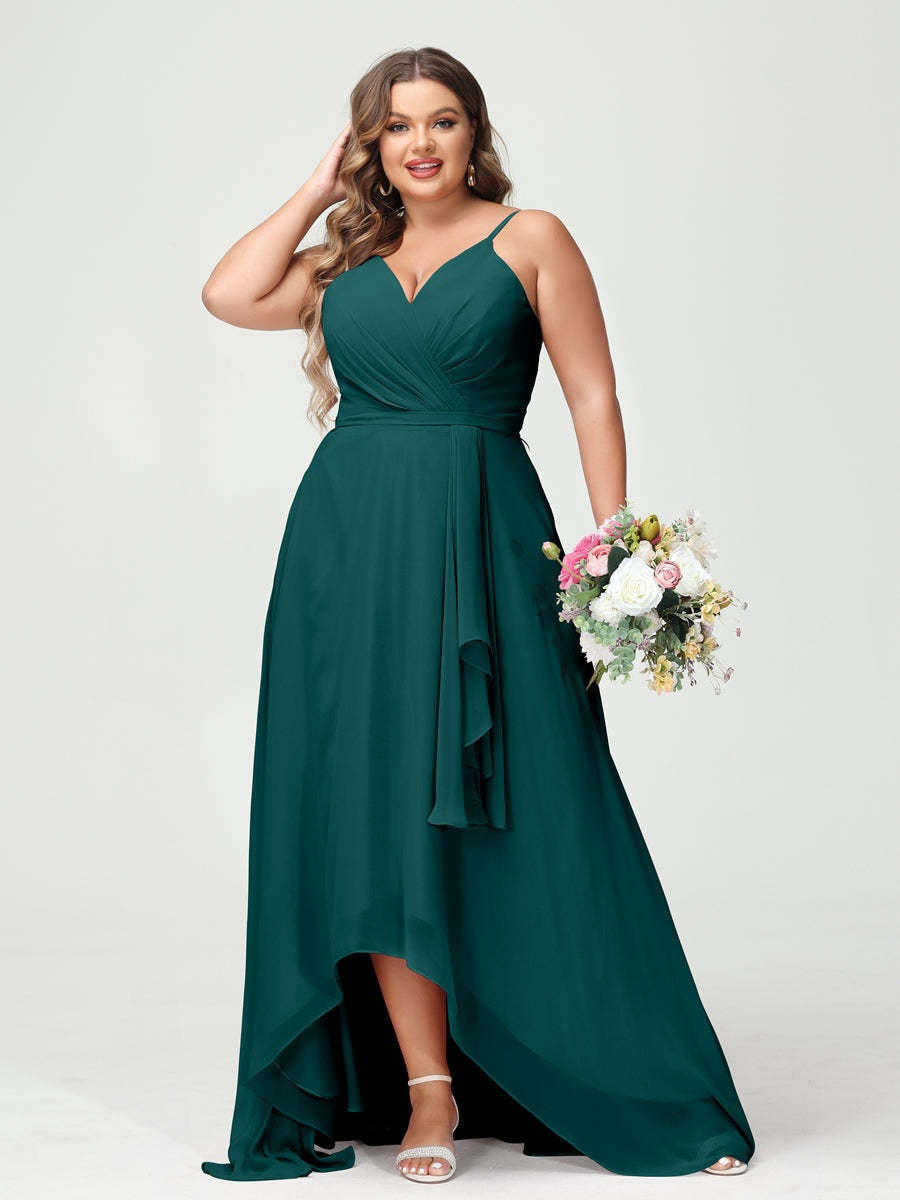 Plus Size Asymmetrical A-Line Bridesmaid Dress with Chiffon Ruffles and Spaghetti Straps, Featuring Pockets-BMbridal.UK