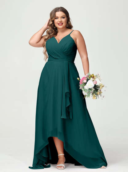 Plus Size Asymmetrical A-Line Bridesmaid Dress with Chiffon Ruffles and Spaghetti Straps, Featuring Pockets-BMbridal.UK