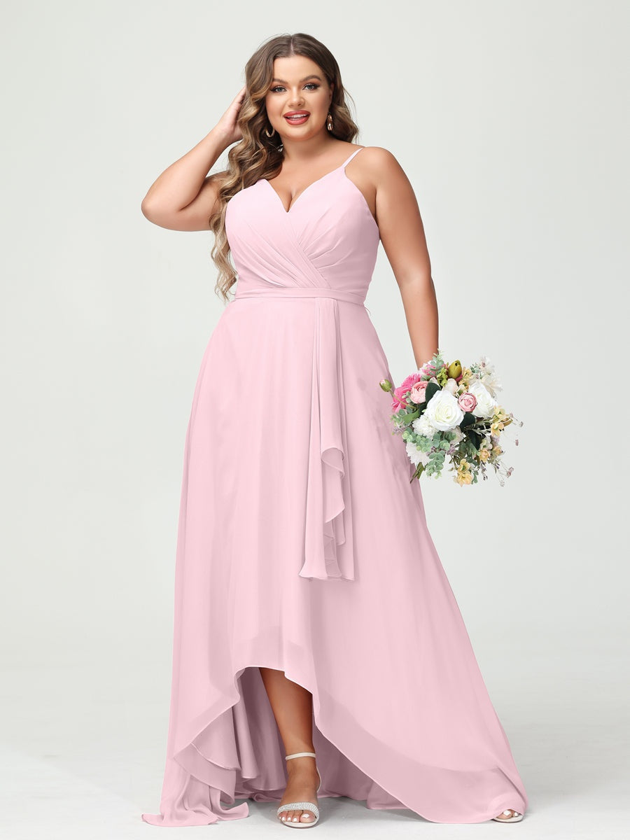 Plus Size Asymmetrical A-Line Bridesmaid Dress with Chiffon Ruffles and Spaghetti Straps, Featuring Pockets-BMbridal.UK