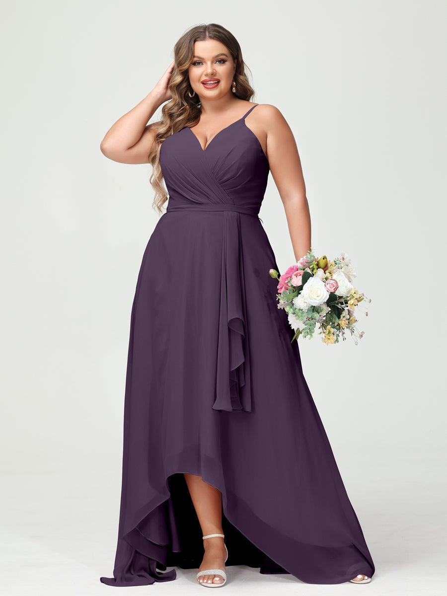 Plus Size Asymmetrical A-Line Bridesmaid Dress with Chiffon Ruffles and Spaghetti Straps, Featuring Pockets-BMbridal.UK