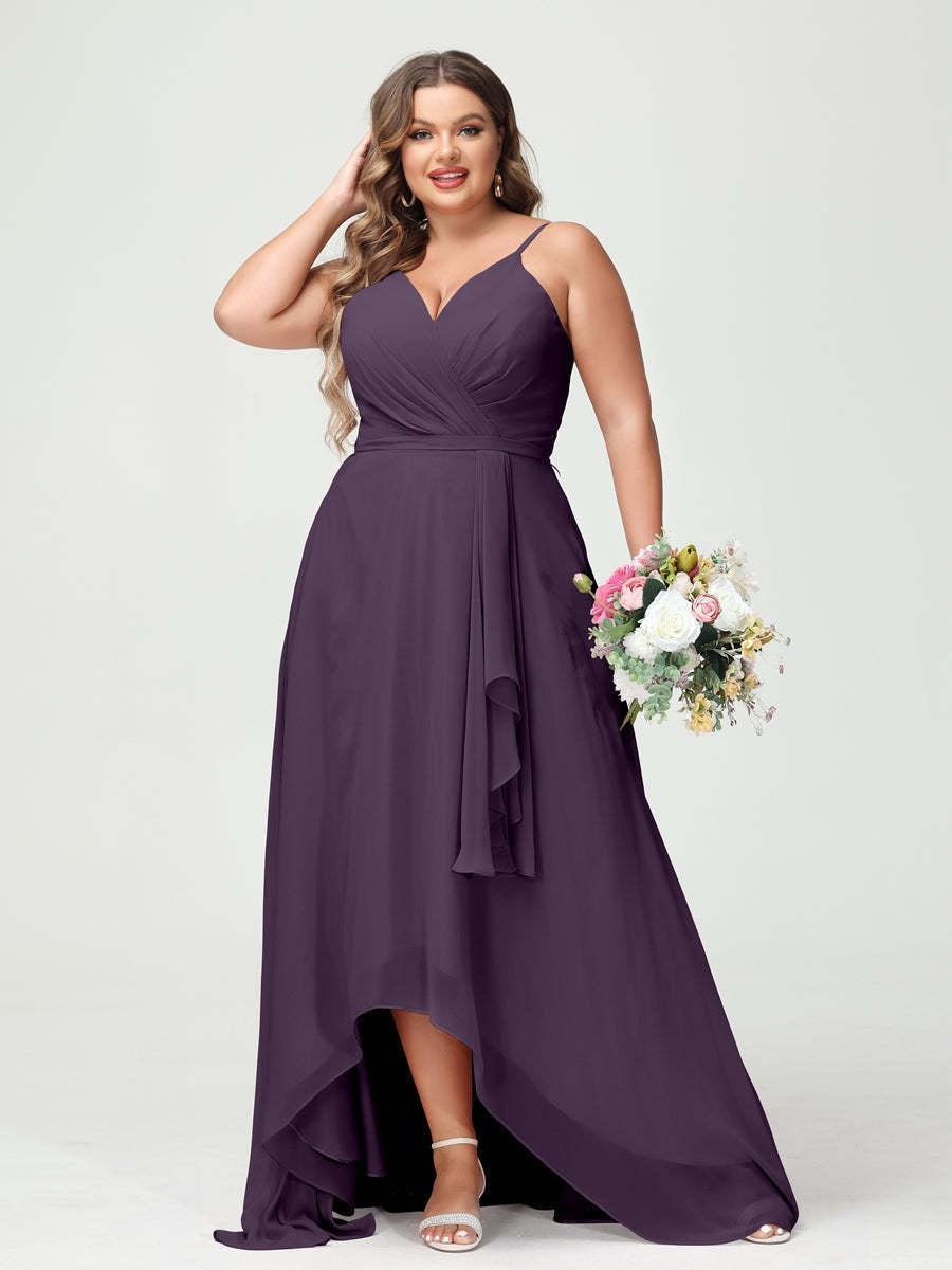 Plus Size Asymmetrical A-Line Bridesmaid Dress with Chiffon Ruffles and Spaghetti Straps, Featuring Pockets-BMbridal.UK