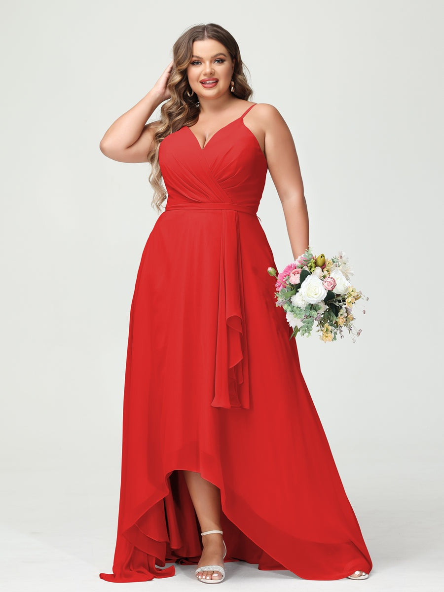 Plus Size Asymmetrical A-Line Bridesmaid Dress with Chiffon Ruffles and Spaghetti Straps, Featuring Pockets-BMbridal.UK