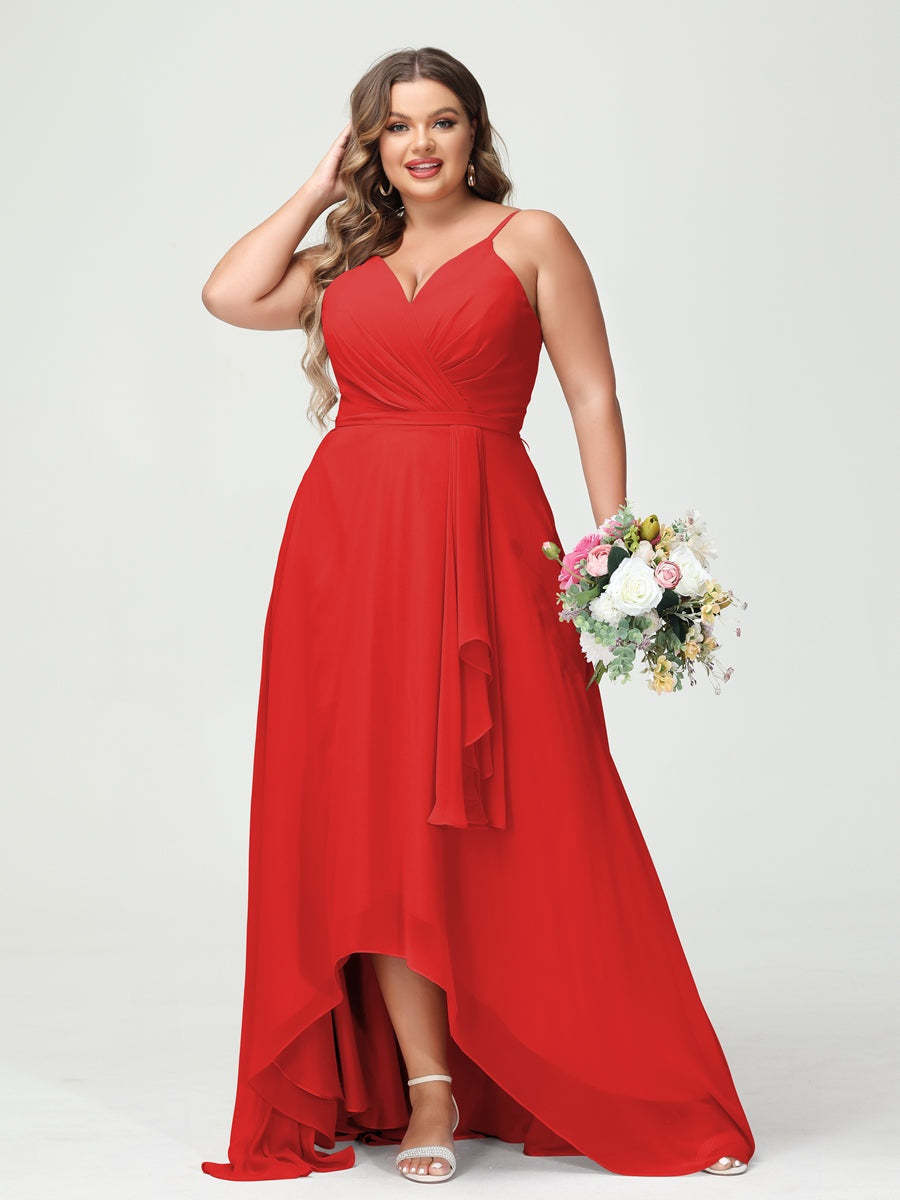 Plus Size Asymmetrical A-Line Bridesmaid Dress with Chiffon Ruffles and Spaghetti Straps, Featuring Pockets-BMbridal.UK