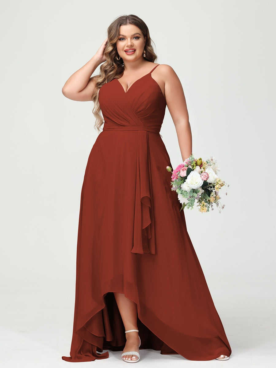 Plus Size Asymmetrical A-Line Bridesmaid Dress with Chiffon Ruffles and Spaghetti Straps, Featuring Pockets-BMbridal.UK