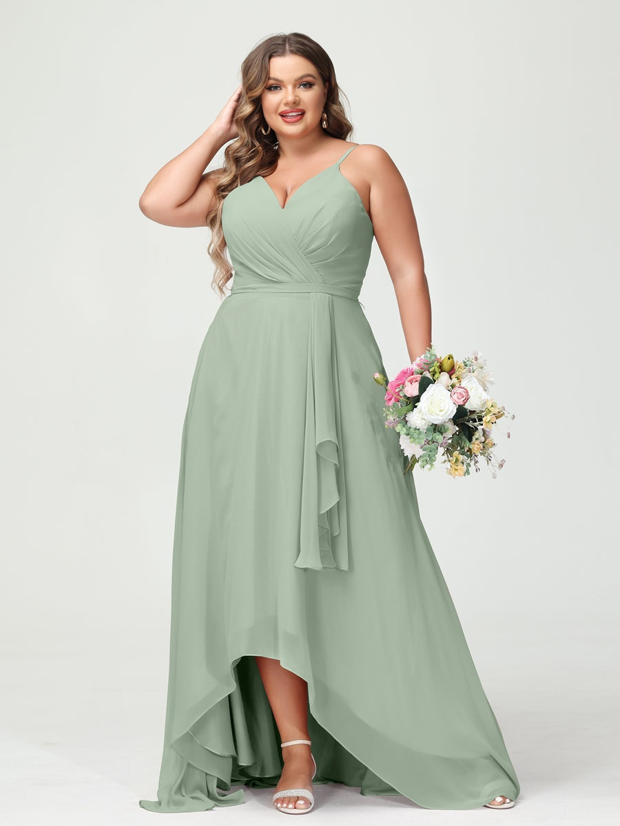 Plus Size Asymmetrical A-Line Bridesmaid Dress with Chiffon Ruffles and Spaghetti Straps, Featuring Pockets-BMbridal.UK