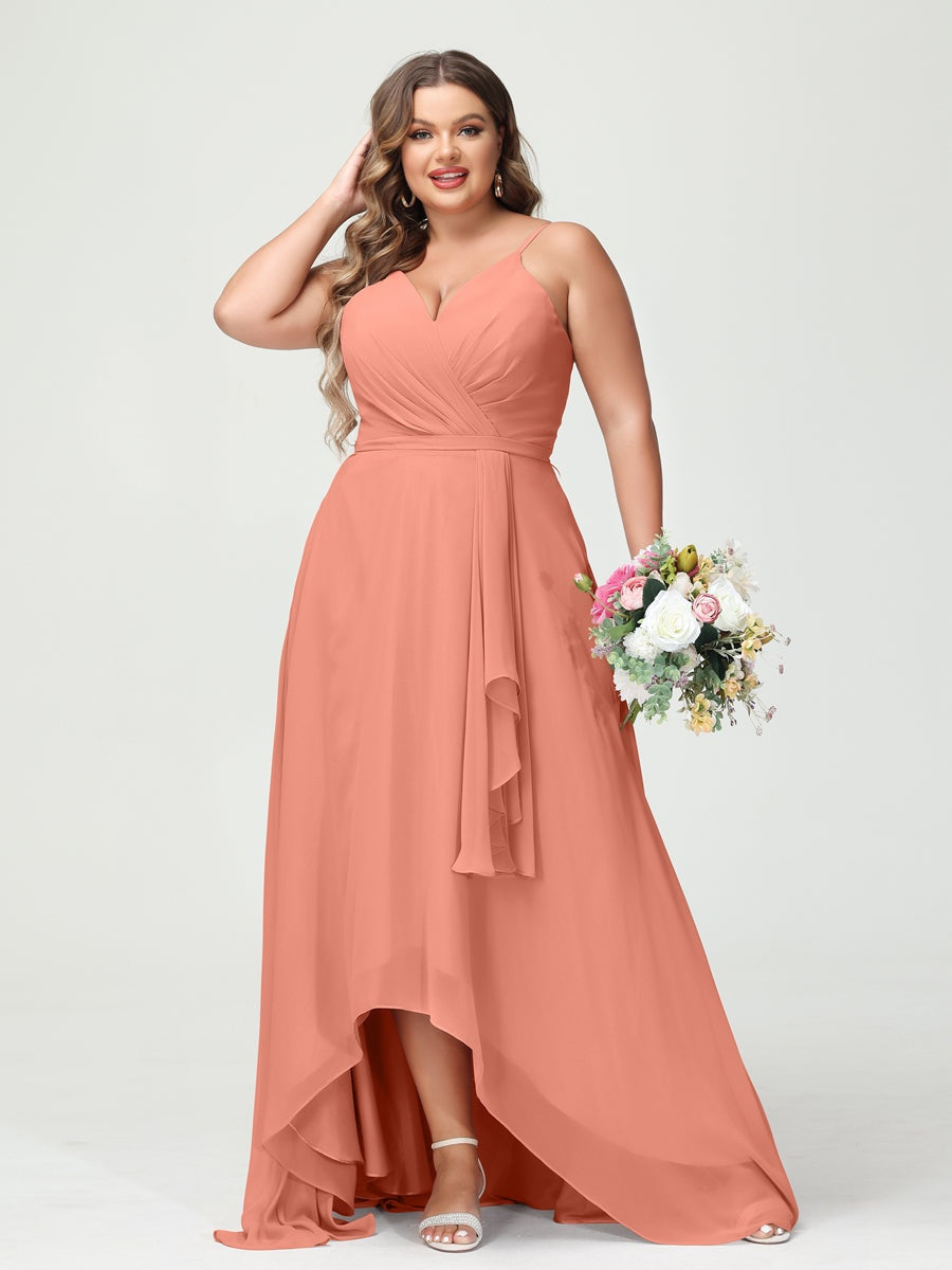 Plus Size Asymmetrical A-Line Bridesmaid Dress with Chiffon Ruffles and Spaghetti Straps, Featuring Pockets-BMbridal.UK