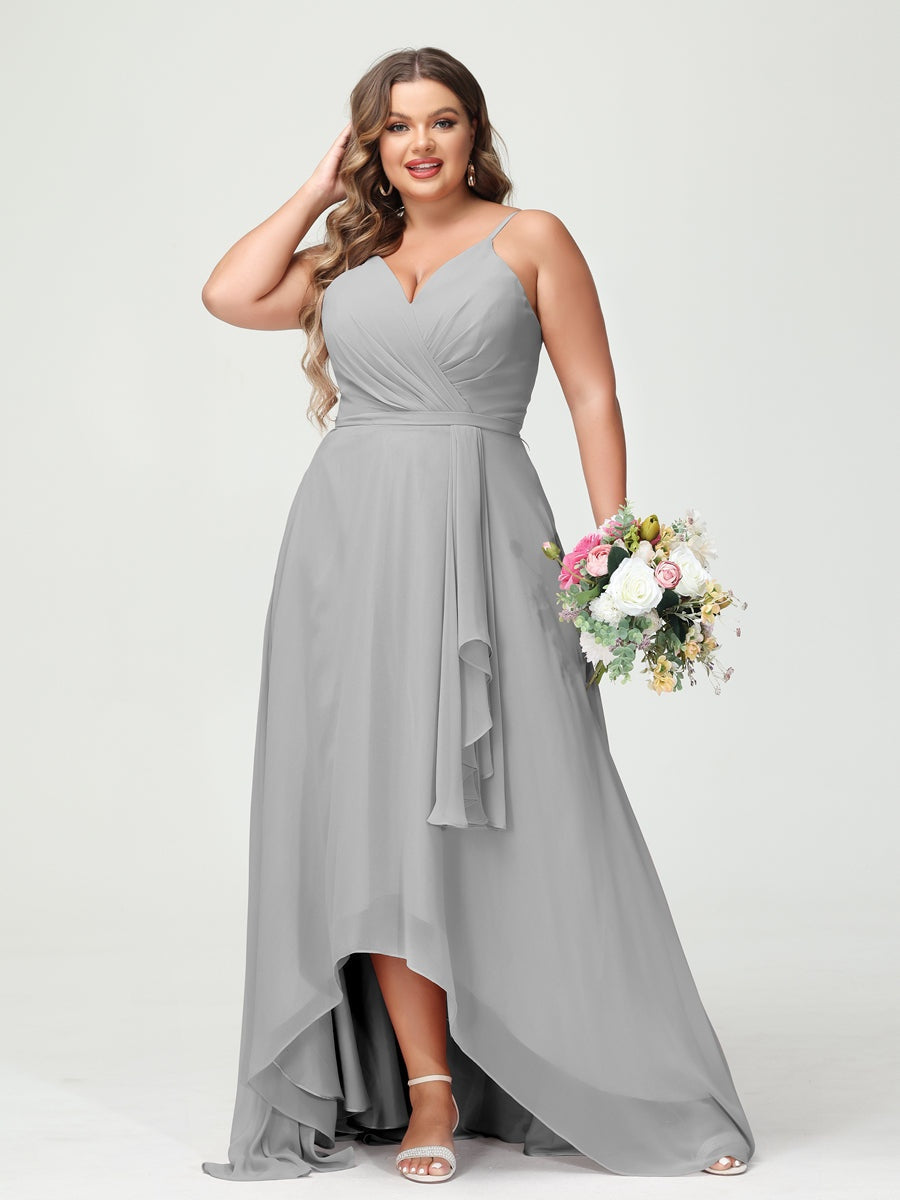 Plus Size Asymmetrical A-Line Bridesmaid Dress with Chiffon Ruffles and Spaghetti Straps, Featuring Pockets-BMbridal.UK