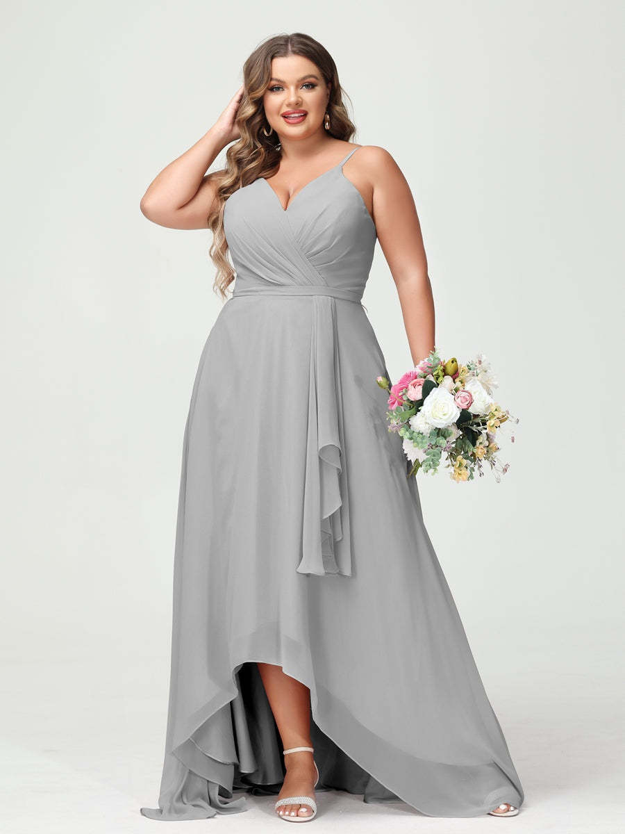 Plus Size Asymmetrical A-Line Bridesmaid Dress with Chiffon Ruffles and Spaghetti Straps, Featuring Pockets-BMbridal.UK
