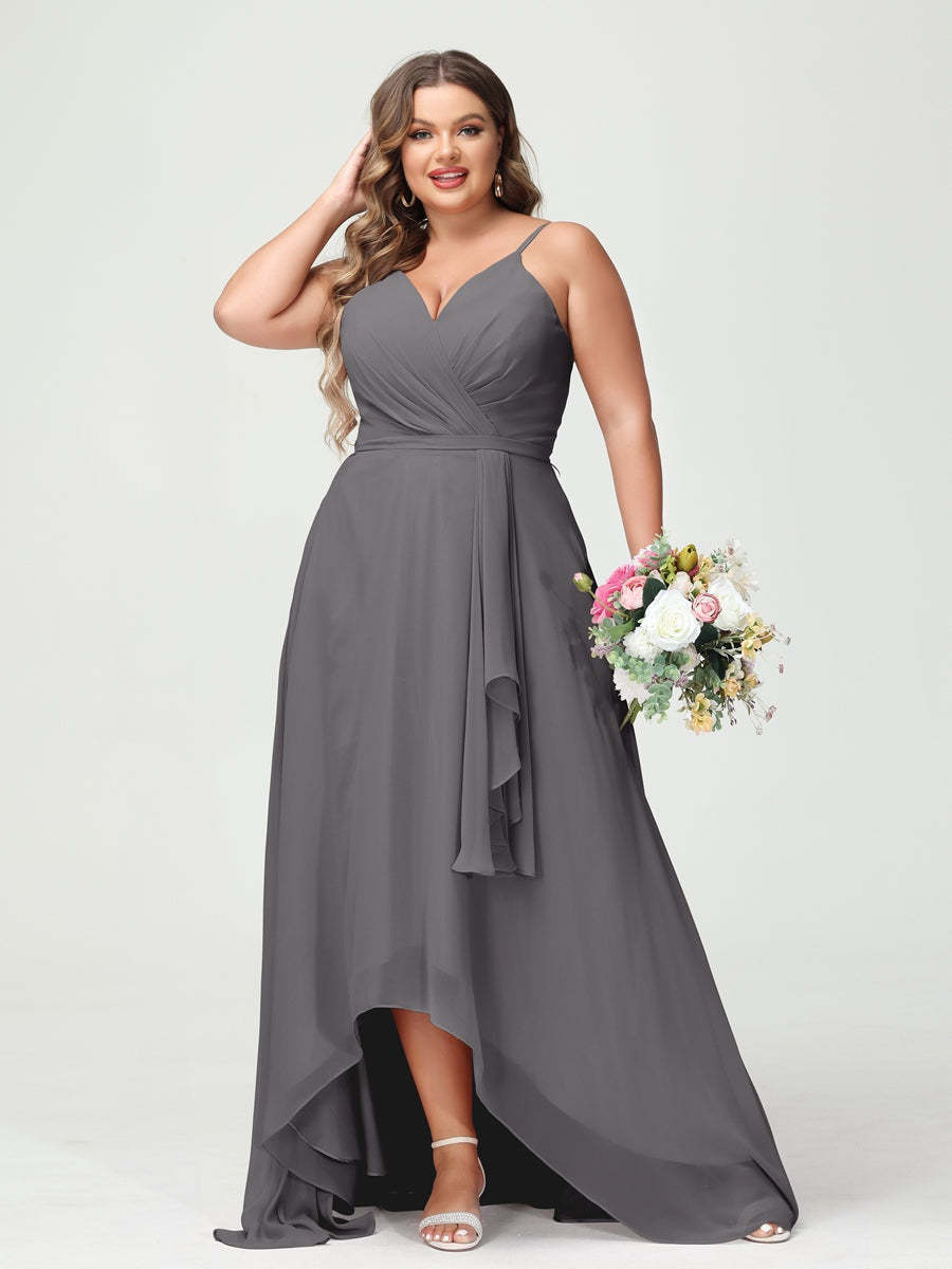 Plus Size Asymmetrical A-Line Bridesmaid Dress with Chiffon Ruffles and Spaghetti Straps, Featuring Pockets-BMbridal.UK