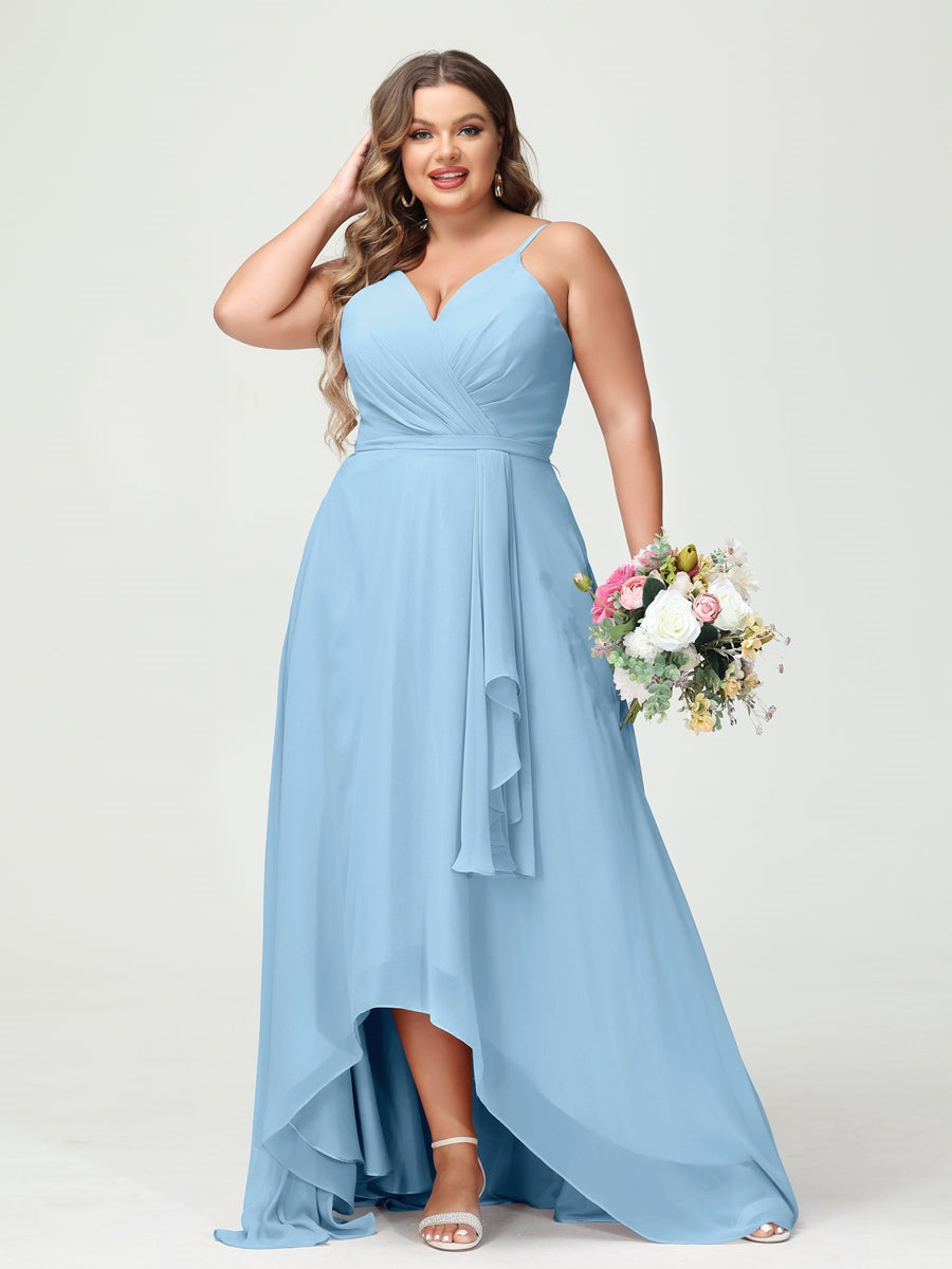 Plus Size Asymmetrical A-Line Bridesmaid Dress with Chiffon Ruffles and Spaghetti Straps, Featuring Pockets-BMbridal.UK