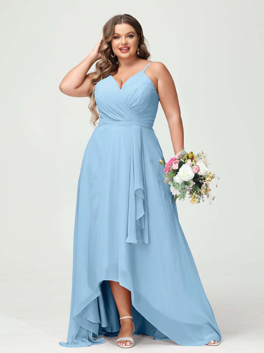 Plus Size Asymmetrical A-Line Bridesmaid Dress with Chiffon Ruffles and Spaghetti Straps, Featuring Pockets-BMbridal.UK