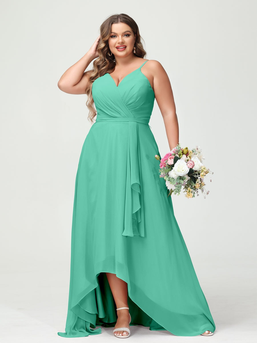 Plus Size Asymmetrical A-Line Bridesmaid Dress with Chiffon Ruffles and Spaghetti Straps, Featuring Pockets-BMbridal.UK
