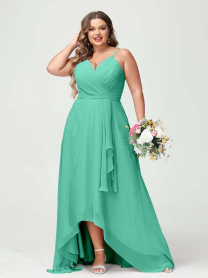 Plus Size Asymmetrical A-Line Bridesmaid Dress with Chiffon Ruffles and Spaghetti Straps, Featuring Pockets-BMbridal.UK