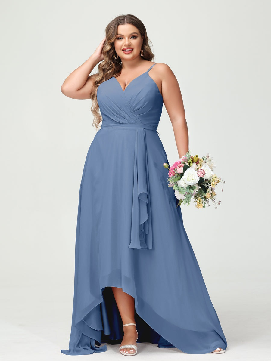 Plus Size Asymmetrical A-Line Bridesmaid Dress with Chiffon Ruffles and Spaghetti Straps, Featuring Pockets-BMbridal.UK