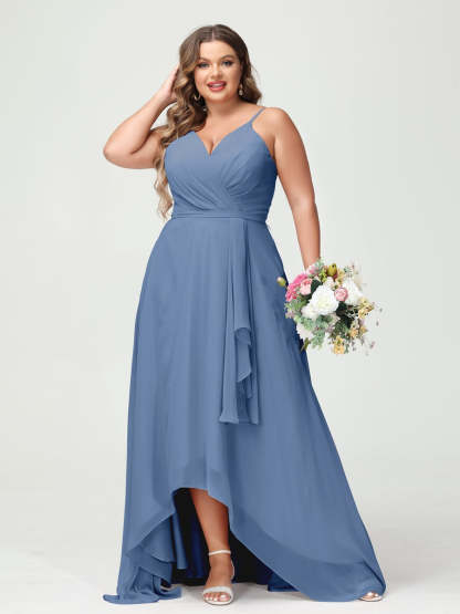 Plus Size Asymmetrical A-Line Bridesmaid Dress with Chiffon Ruffles and Spaghetti Straps, Featuring Pockets-BMbridal.UK