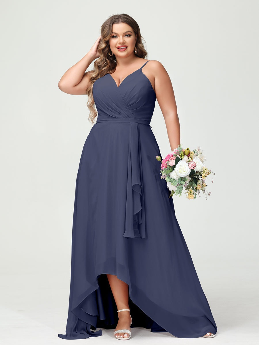 Plus Size Asymmetrical A-Line Bridesmaid Dress with Chiffon Ruffles and Spaghetti Straps, Featuring Pockets-BMbridal.UK