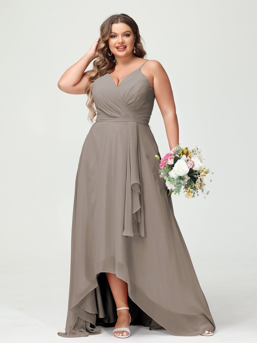 Plus Size Asymmetrical A-Line Bridesmaid Dress with Chiffon Ruffles and Spaghetti Straps, Featuring Pockets-BMbridal.UK