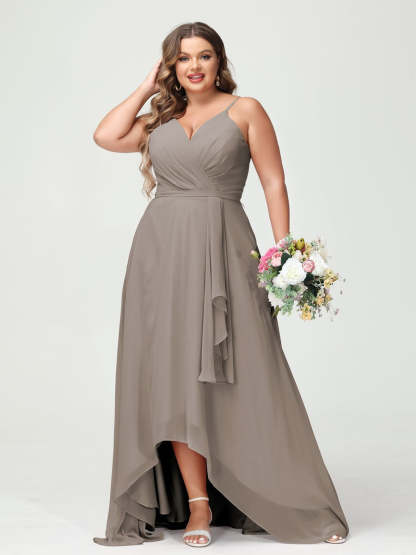 Plus Size Asymmetrical A-Line Bridesmaid Dress with Chiffon Ruffles and Spaghetti Straps, Featuring Pockets-BMbridal.UK