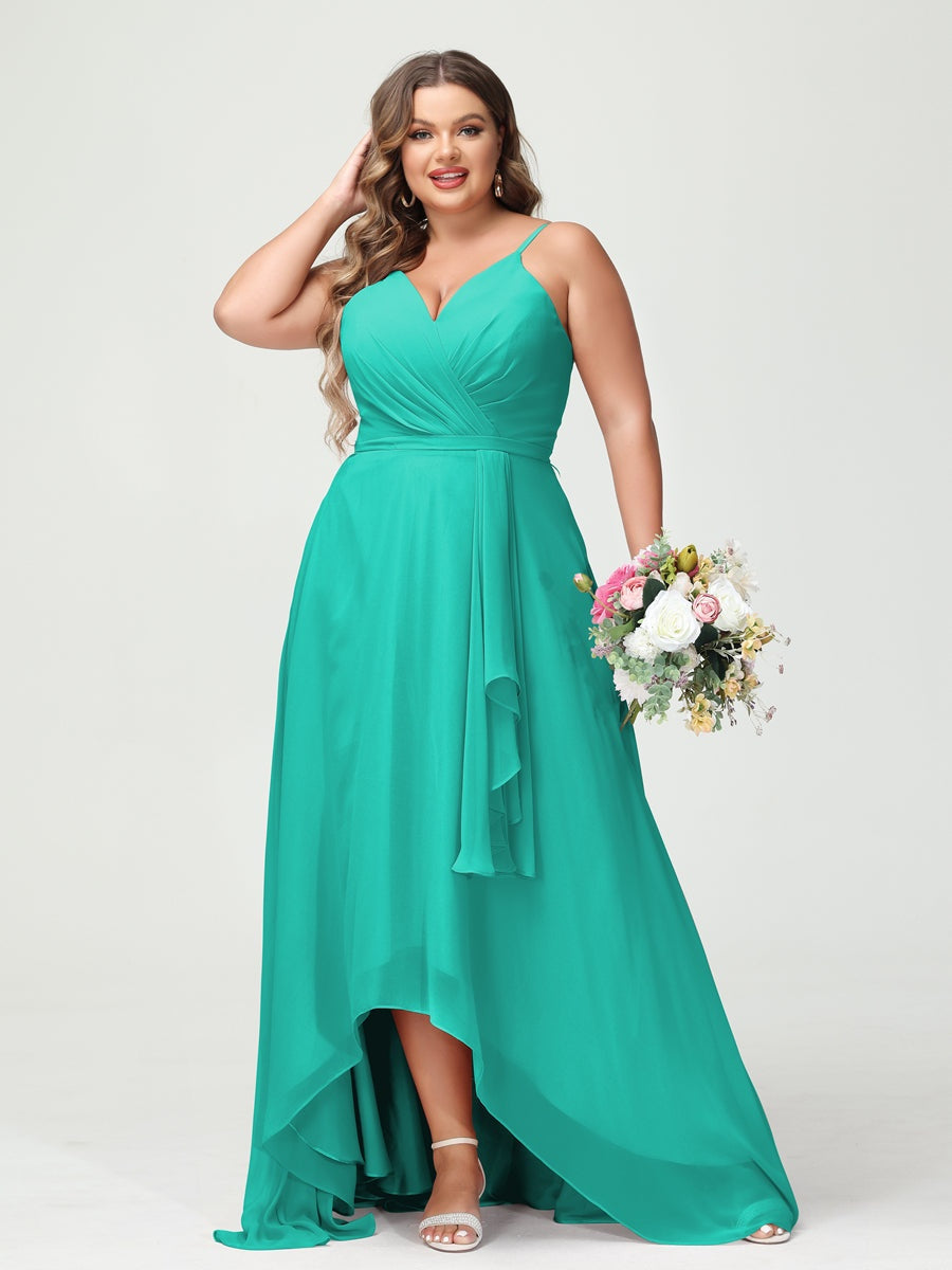 Plus Size Asymmetrical A-Line Bridesmaid Dress with Chiffon Ruffles and Spaghetti Straps, Featuring Pockets-BMbridal.UK