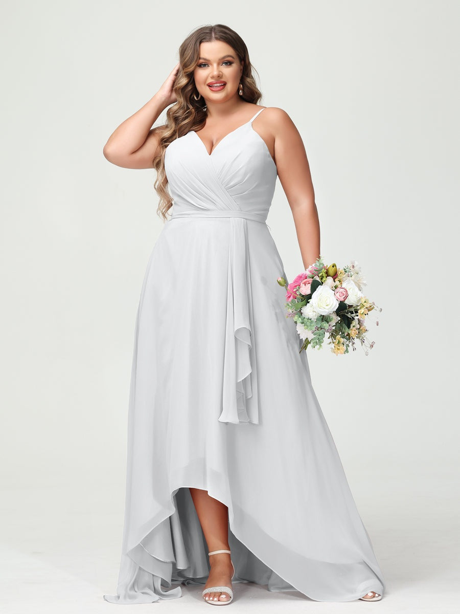 Plus Size Asymmetrical A-Line Bridesmaid Dress with Chiffon Ruffles and Spaghetti Straps, Featuring Pockets-BMbridal.UK